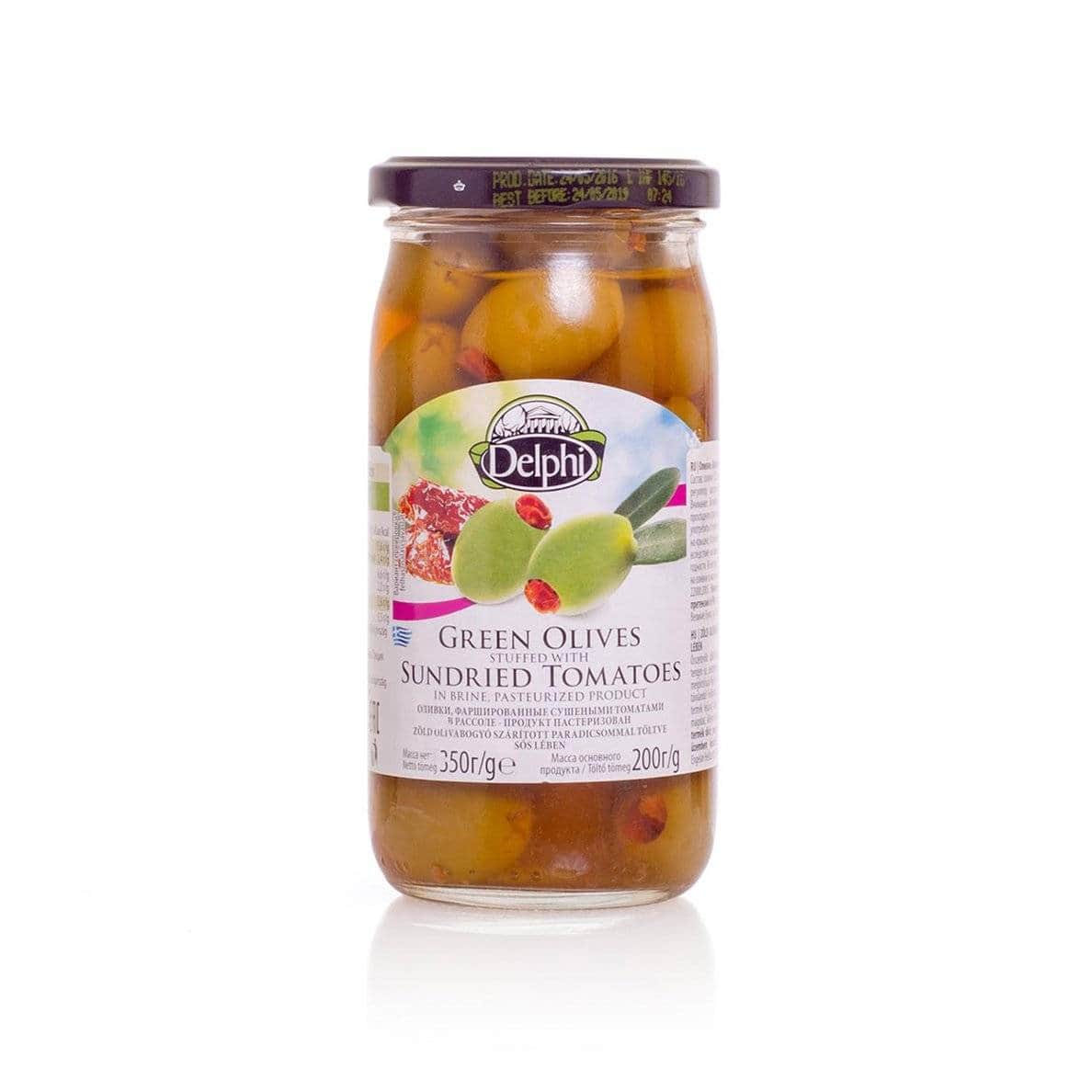 Оливки фаршированные сушеными томатами в рассоле DELPHI 350г
